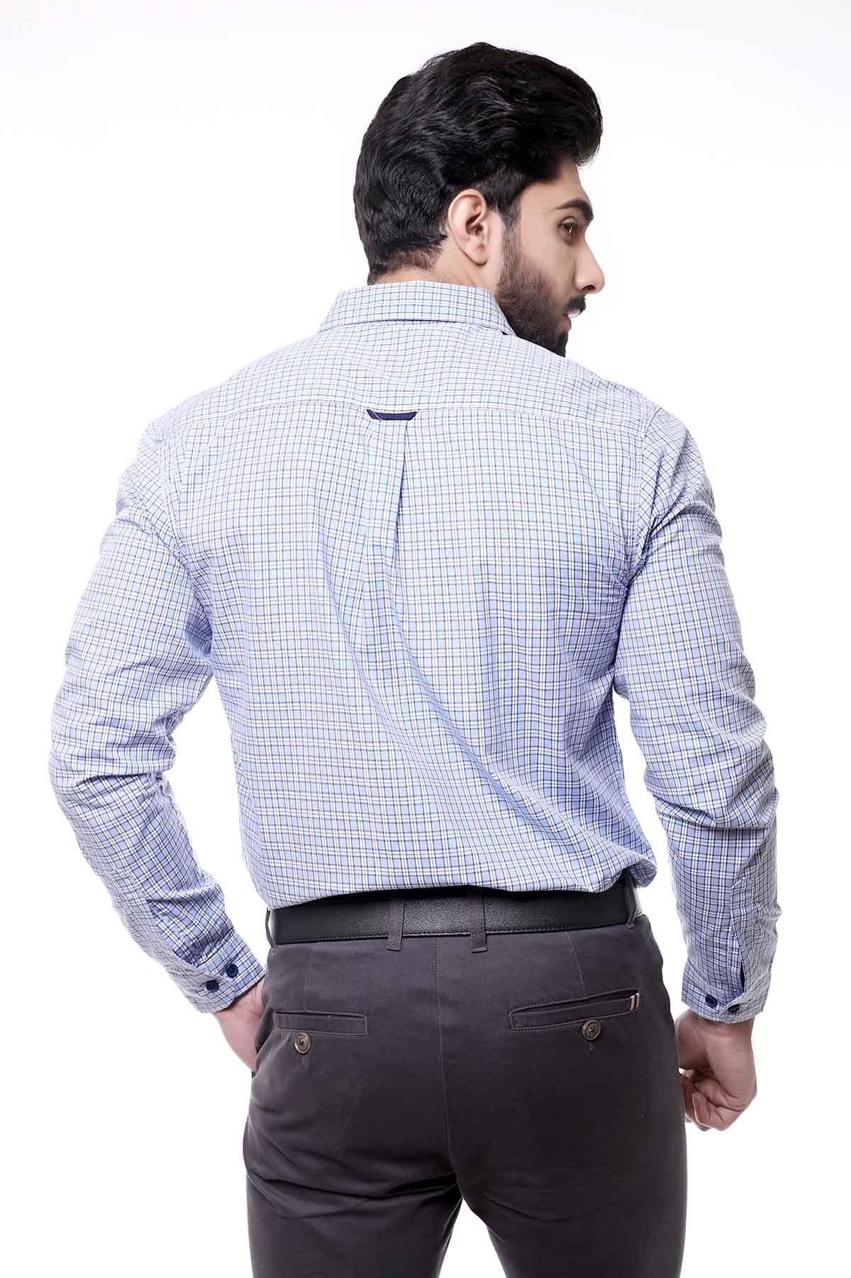 Men's sky blue checked full-sleeve casual shirt, back view