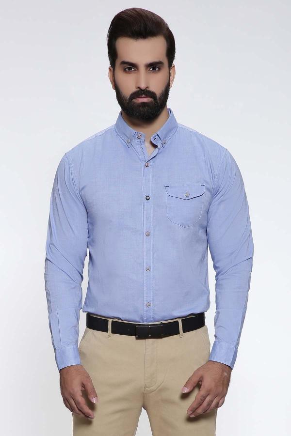 Sky blue slim-fit long-sleeve shirt with button-down collar and chest pocket
