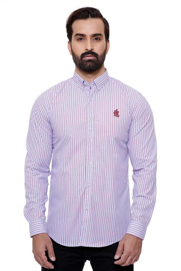 Slim-fit long-sleeve casual shirt, sky blue with red vertical stripes and button placket