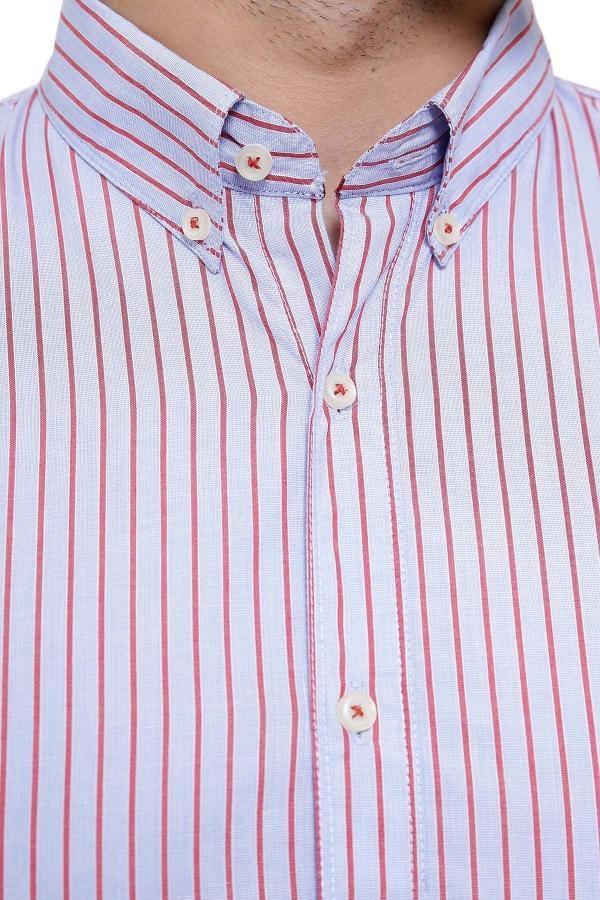 Long-sleeve shirt collar, sky blue with red vertical stripes and button detailing