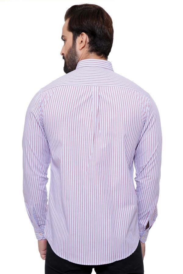 Slim-fit long-sleeve casual shirt, sky blue with red vertical stripe back view