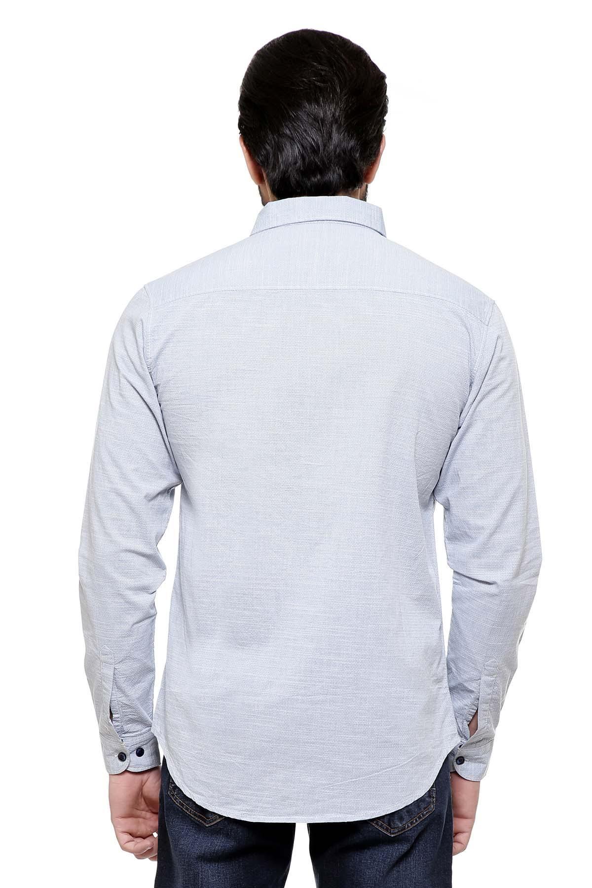 Back view of light blue long-sleeve button-up casual shirt