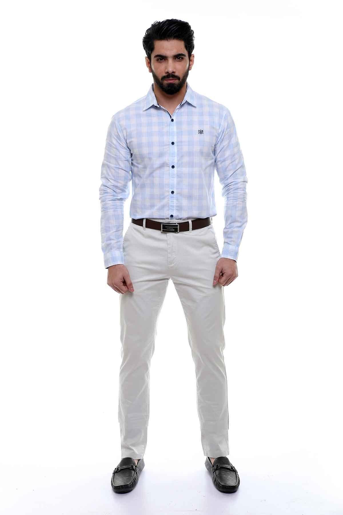 Full-sleeve casual shirt in light blue check with button front and pointed collar