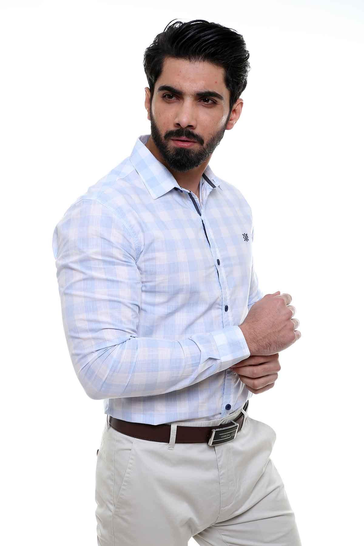 Light blue check full-sleeve casual shirt, button placket and chest logo detail