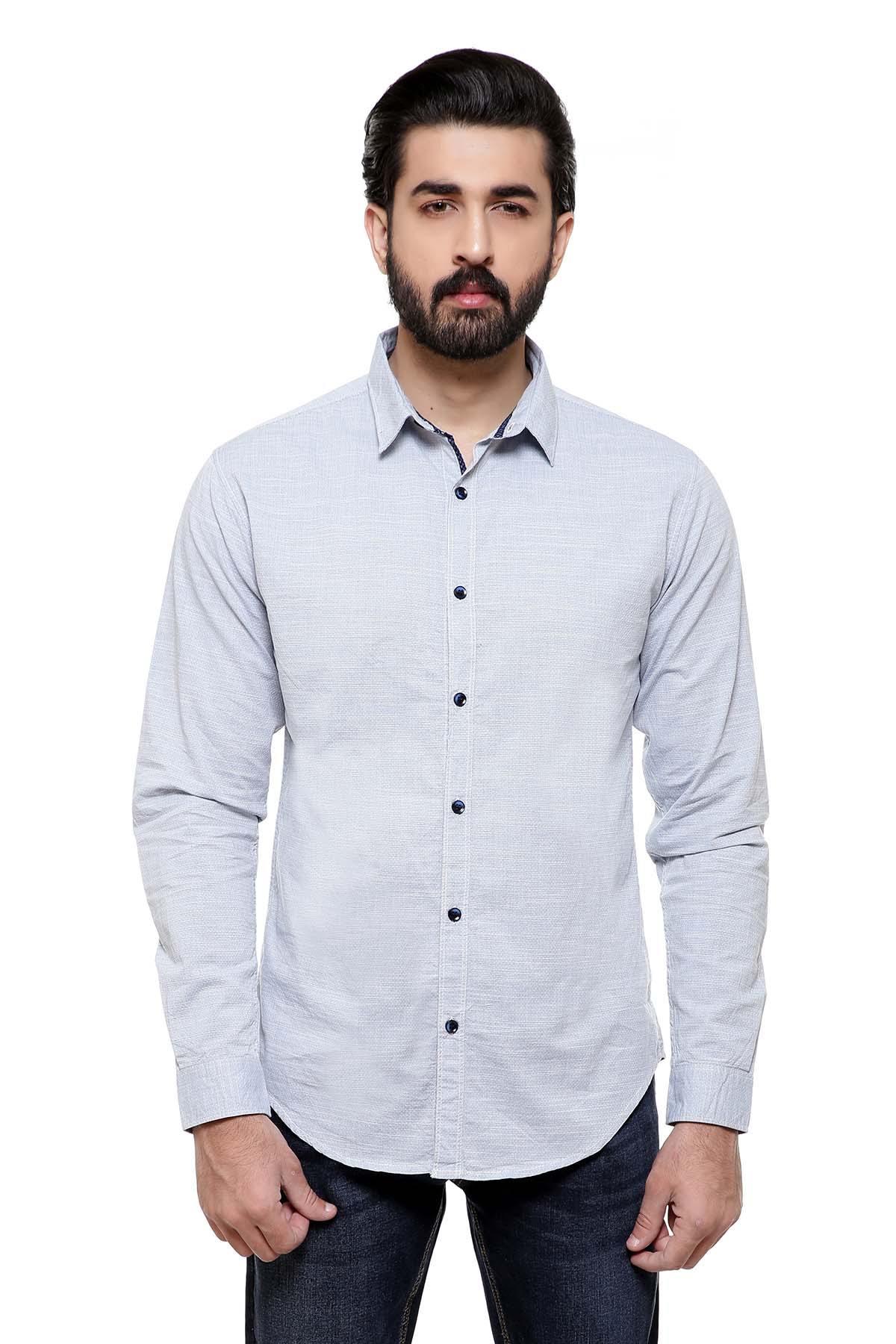Light blue long-sleeve button-up casual shirt with pointed collar
