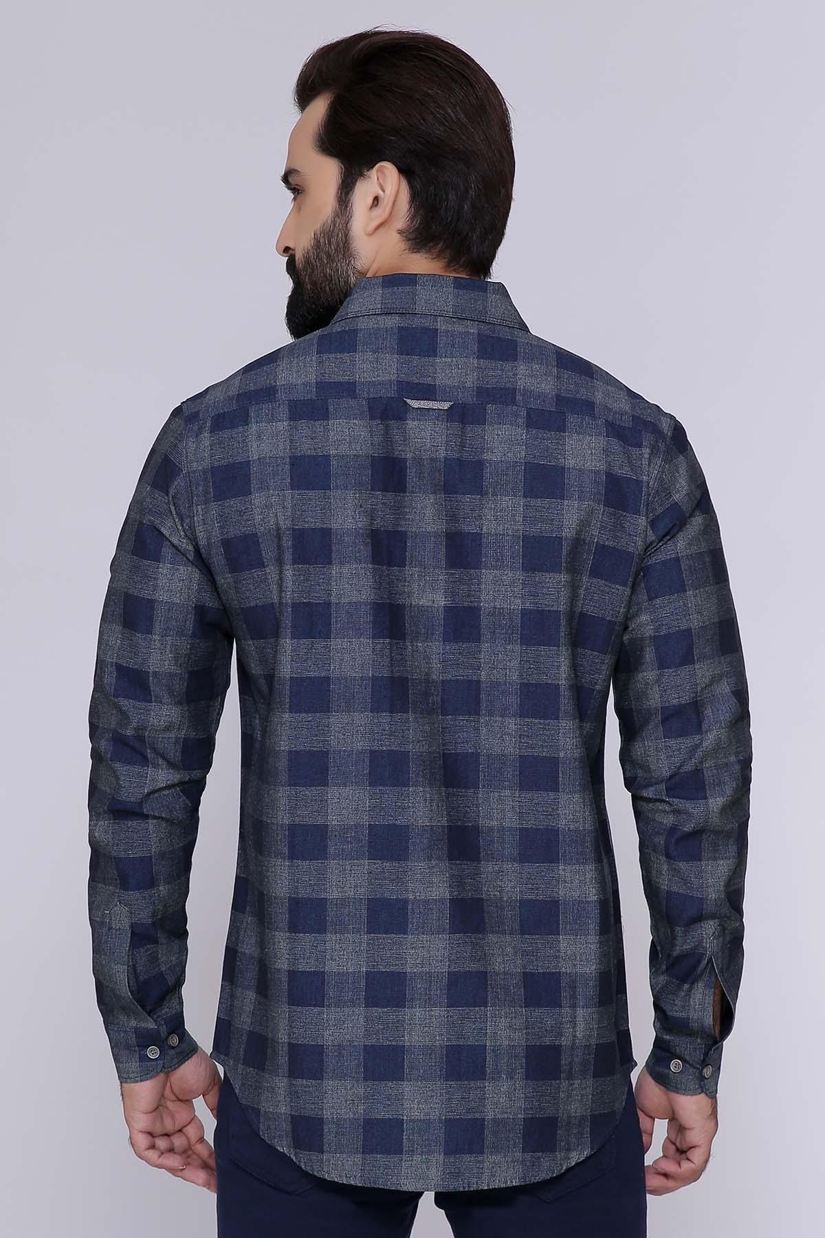 Slim-fit casual shirt, blue-gray plaid with rear yoke and long sleeves