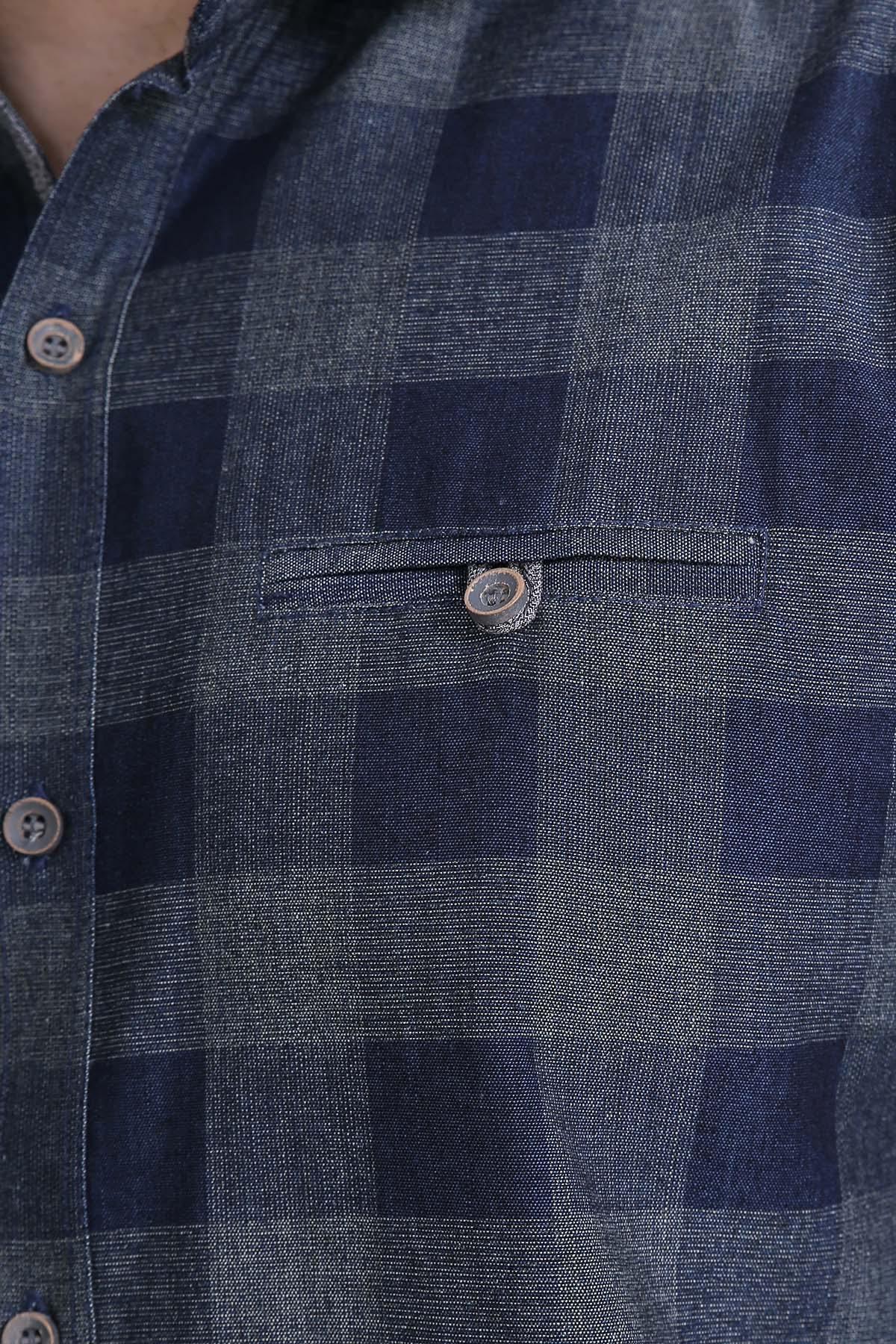 Blue-gray plaid casual shirt detail: button placket and fabric texture