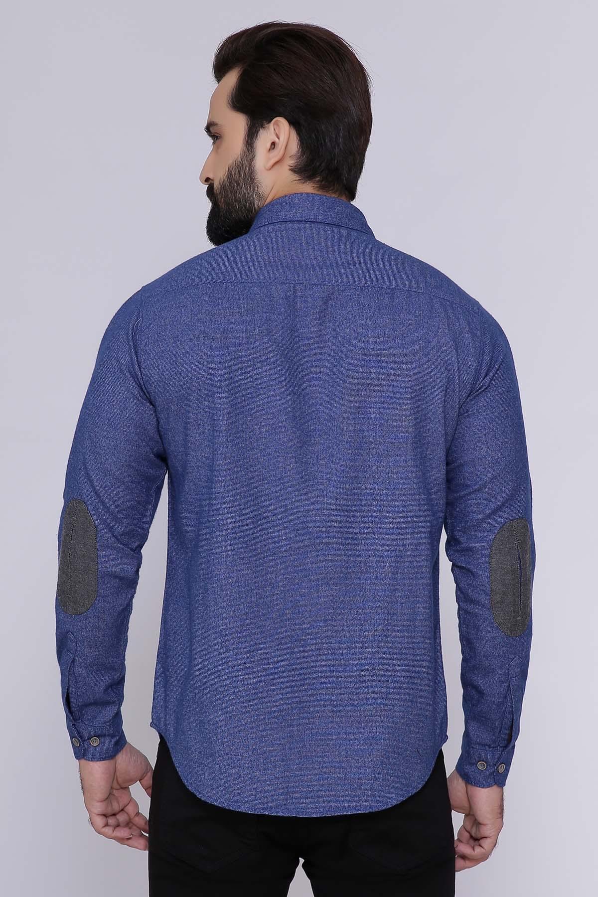 Blue slim-fit long-sleeve casual shirt, back view with buttoned cuffs