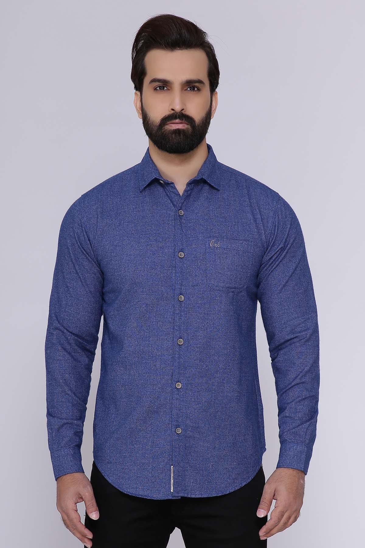 Blue slim-fit long-sleeve casual shirt with button-down collar and front buttons