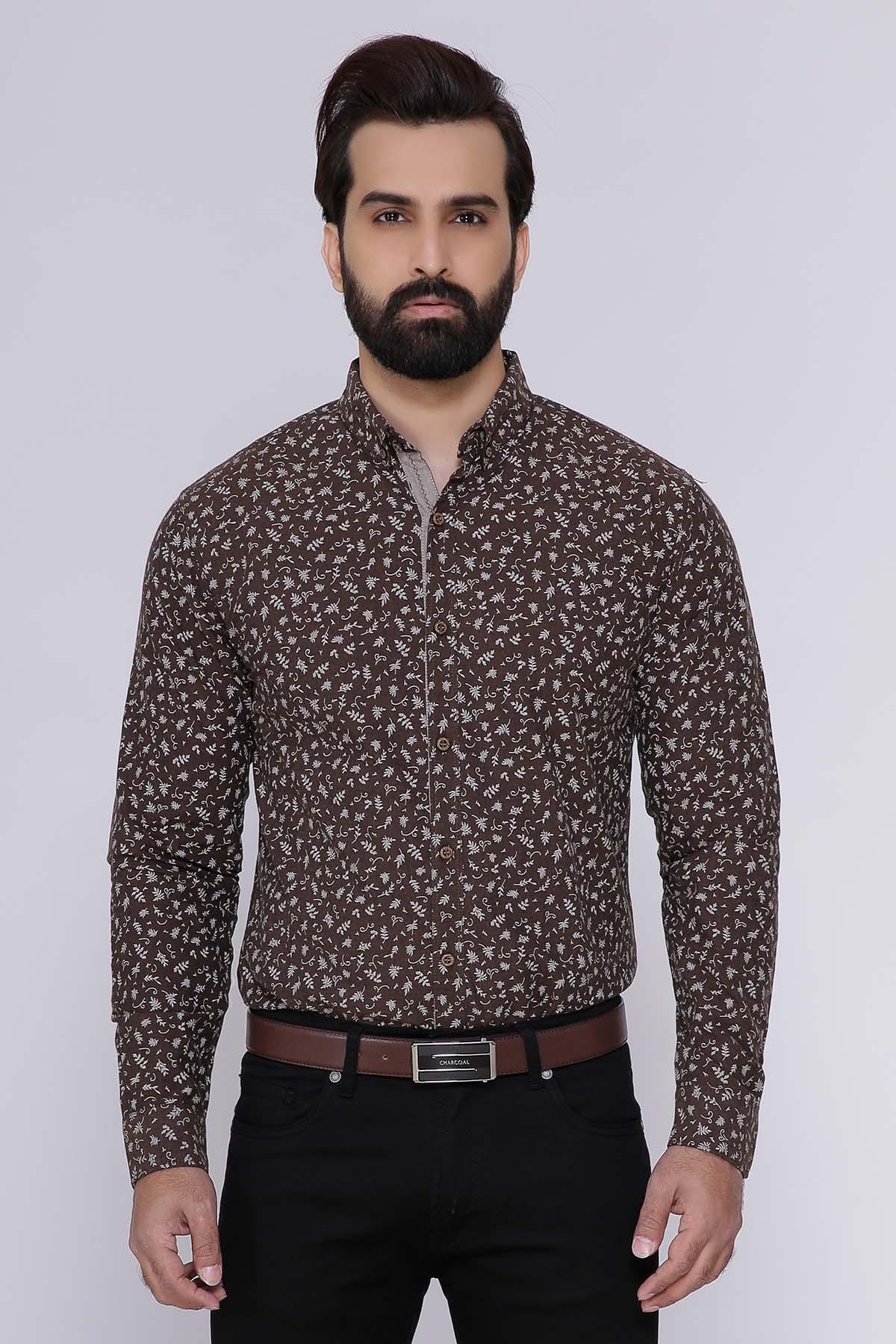 Slim fit brown casual shirt with full sleeves, button-up collar, allover white microprint