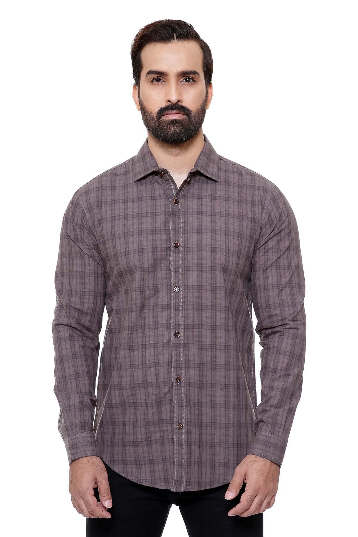 Front view casual slim-fit long-sleeve shirt in brown plaid with button placket