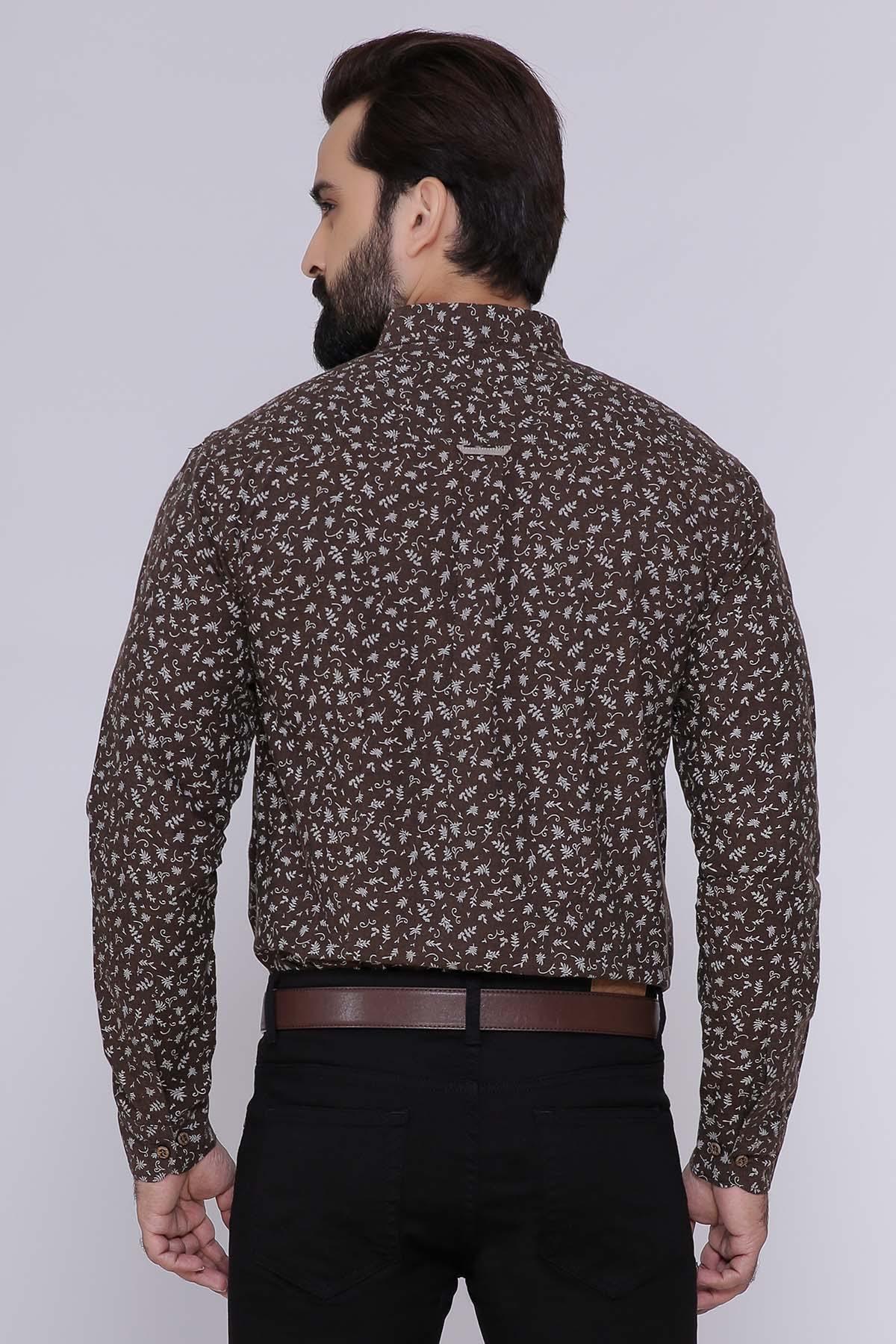 Slim fit brown casual shirt, back view, full sleeves with allover white microprint