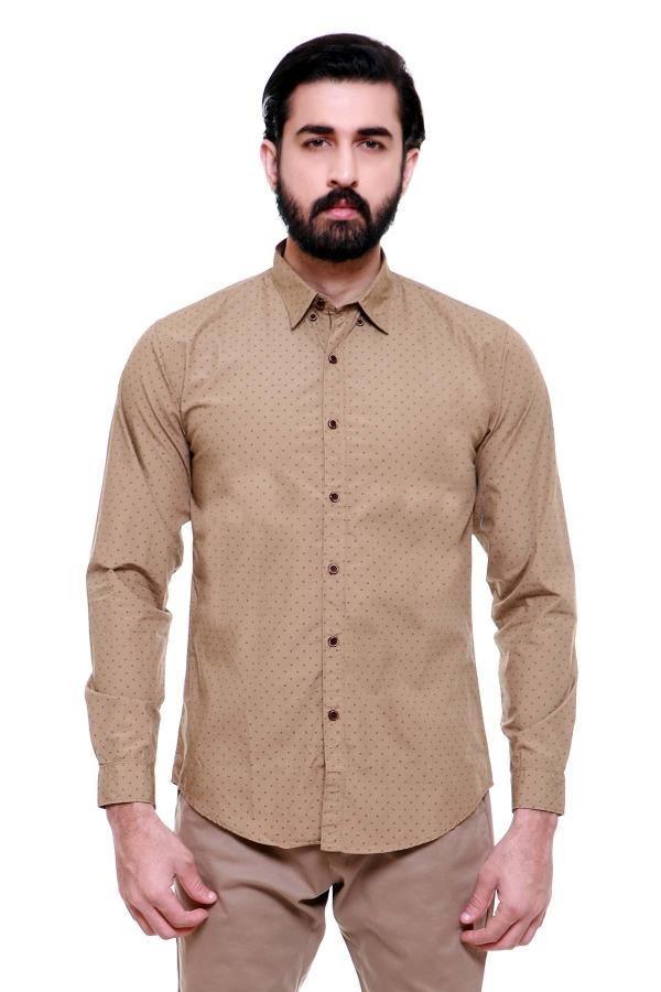 Light brown slim-fit casual shirt with full sleeves and button-down collar