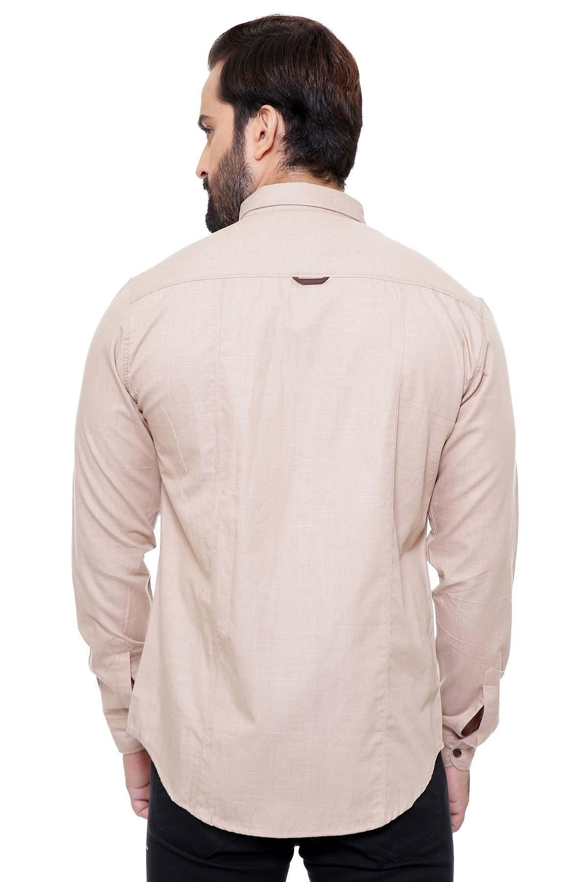 Light brown casual slim-fit full-sleeve shirt, back view with yoke detail