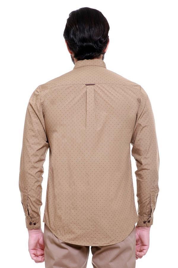 Back view of light brown slim-fit casual shirt with full sleeves and button closure