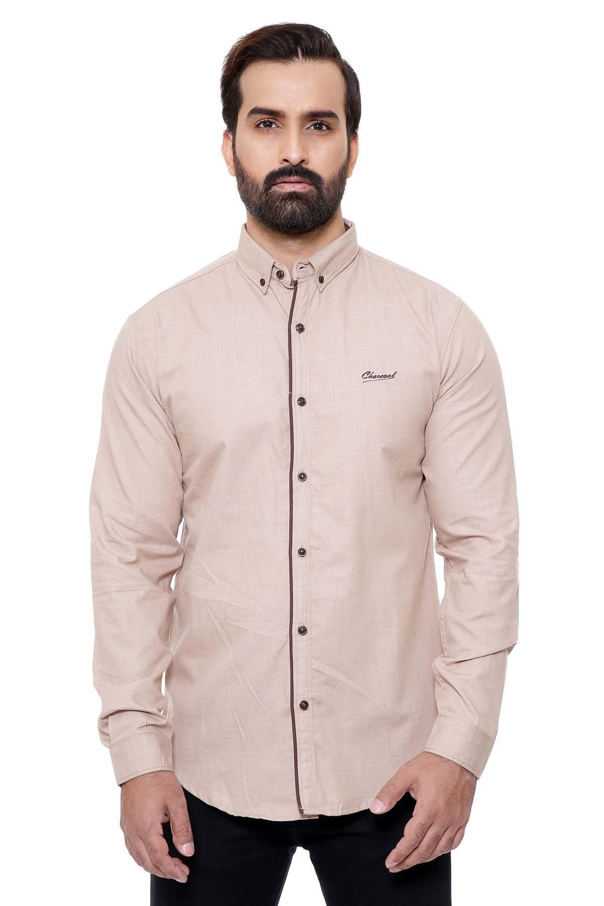 Light brown casual slim-fit full-sleeve button-up shirt with standing collar