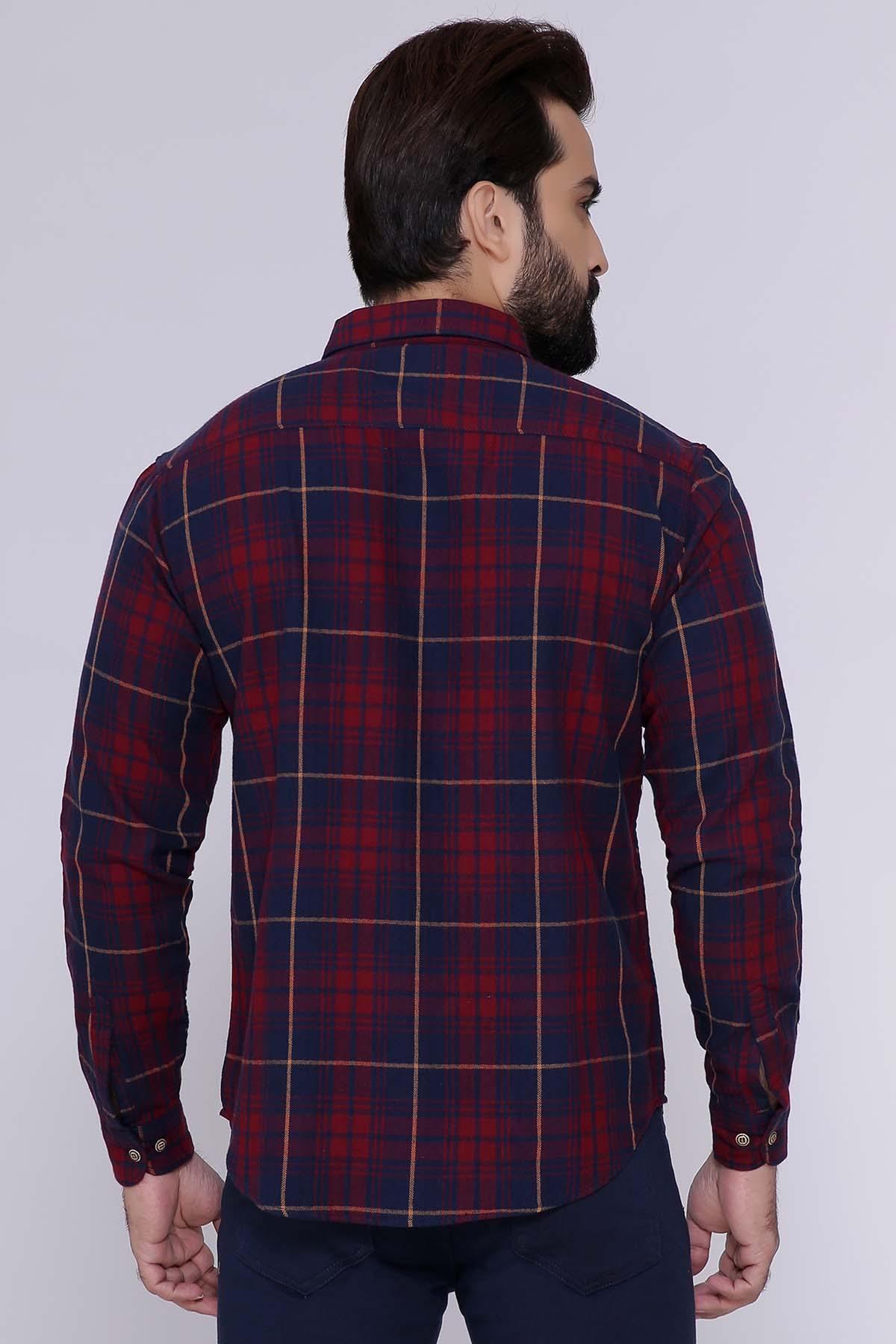 Maroon plaid full-sleeve button-up shirt, back view with yoke and seams