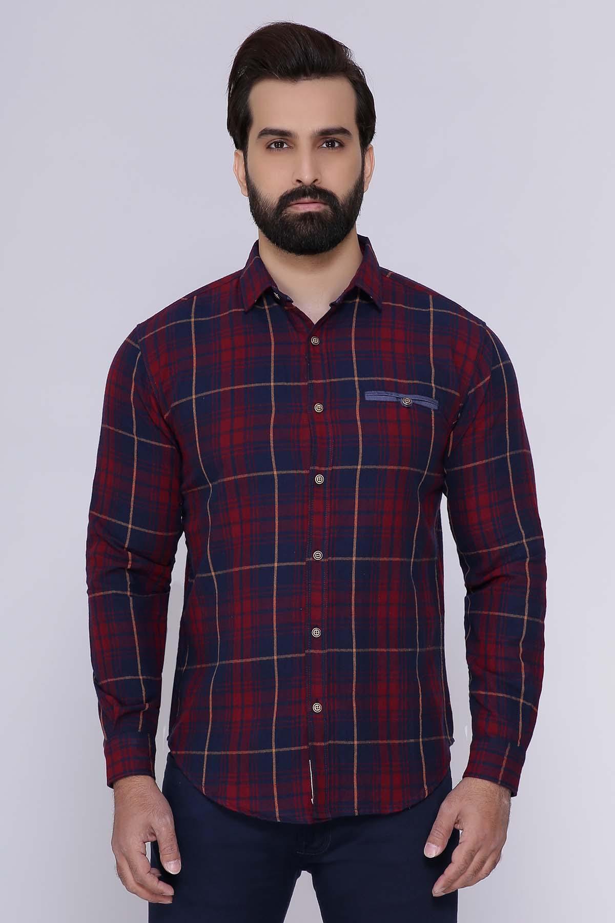 Maroon plaid slim-fit button-up shirt with long sleeves and button cuffs