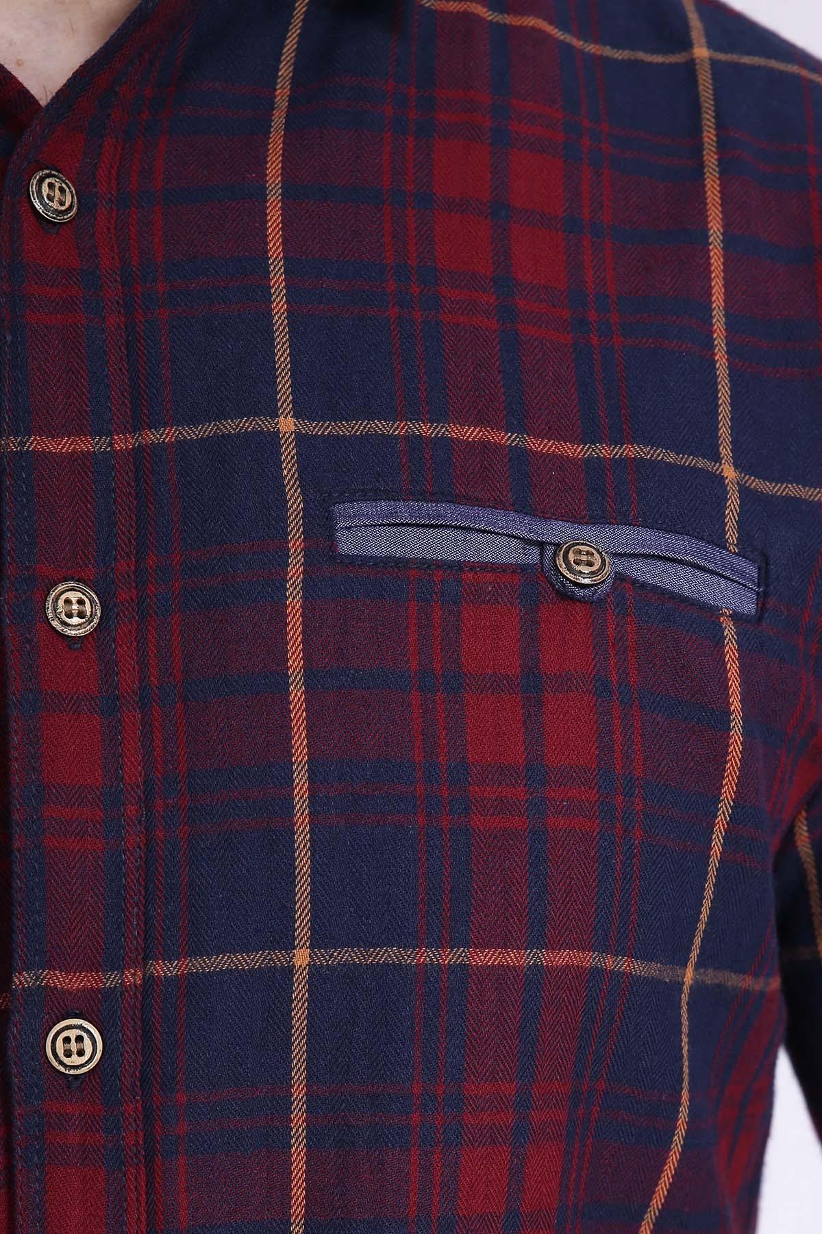 Maroon plaid full-sleeve button-up shirt with chest pocket and contrast buttons