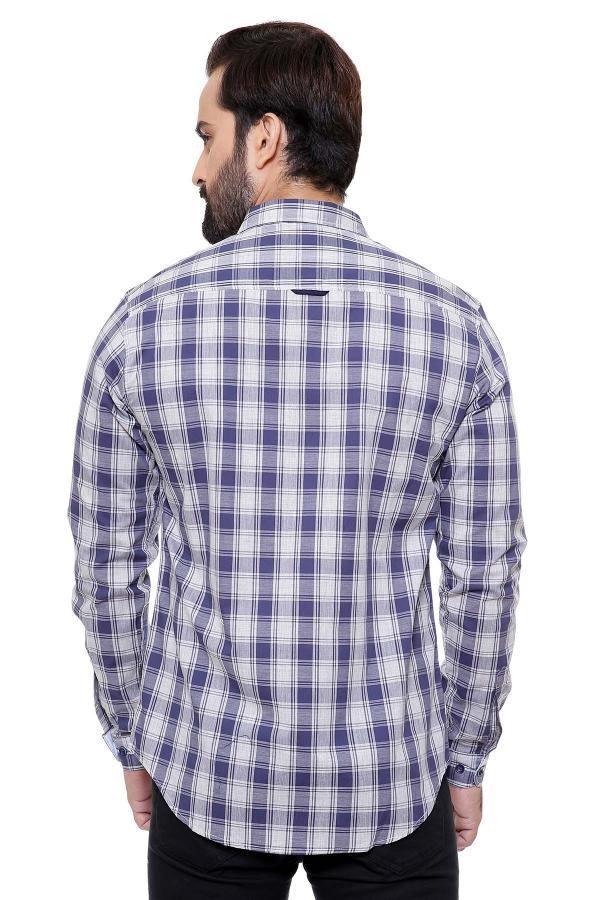 Slim-fit casual button-up shirt, back view, blue and white plaid long sleeves