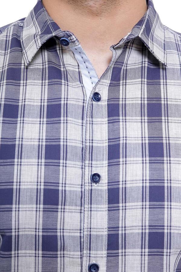 Slim-fit casual shirt collar with blue-and-white plaid and button placket