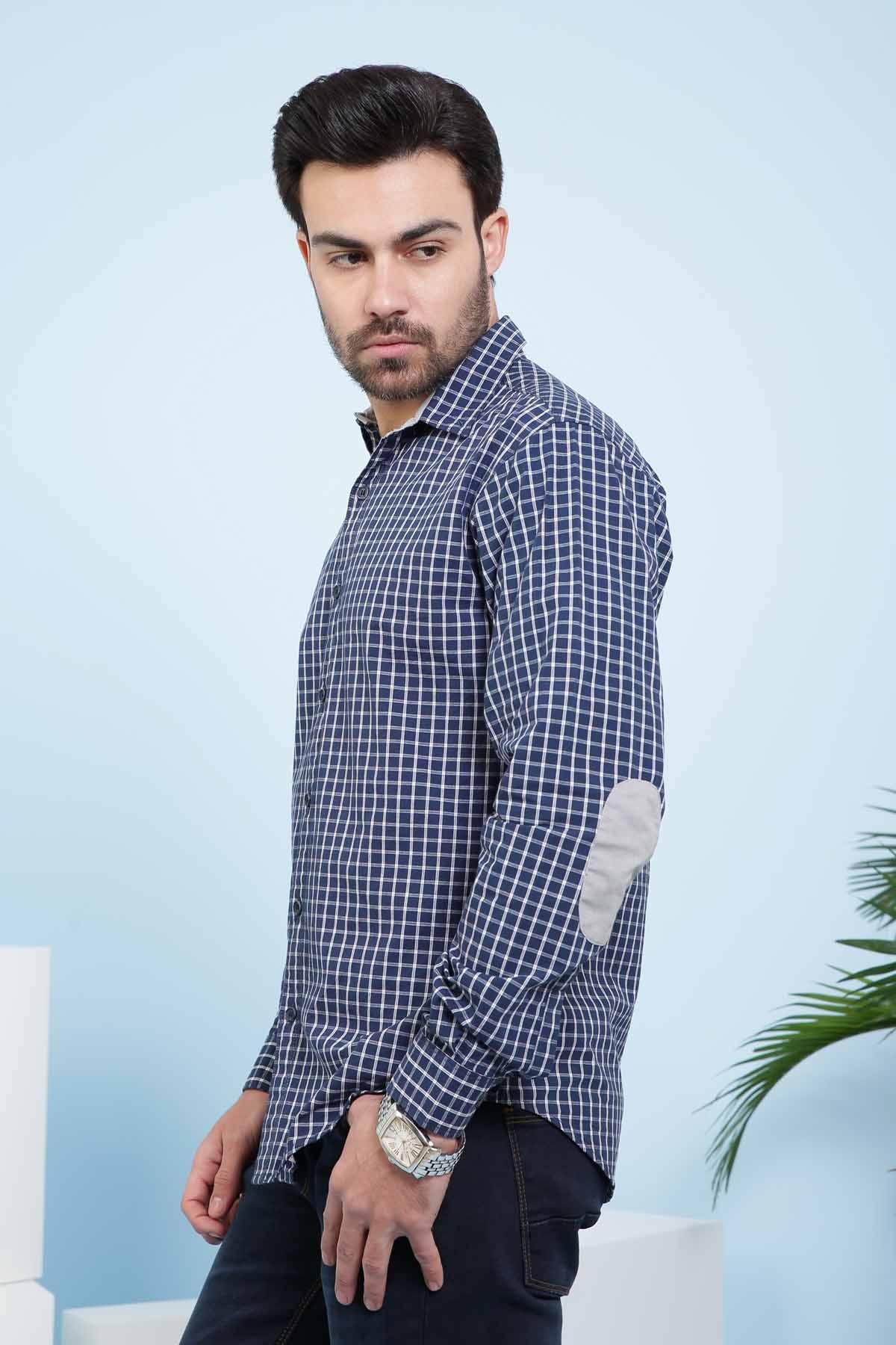 Slim-fit navy check casual shirt, side view, full sleeves and button placket