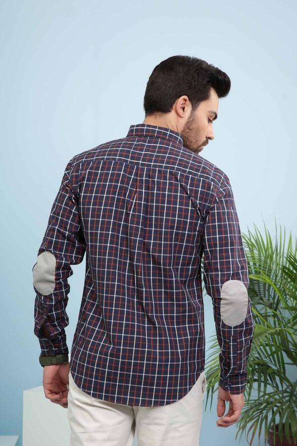 Slim-fit check casual shirt back view, dark navy red grid, long sleeves