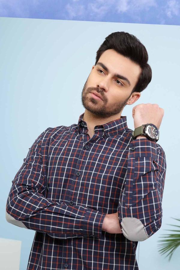 Slim-fit check casual shirt, dark navy red grid, long sleeves with button cuffs