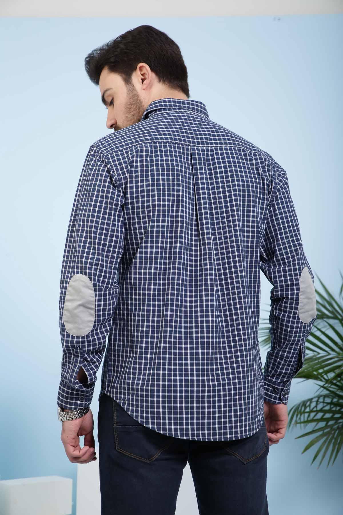 Slim-fit navy check casual shirt, back view, full sleeves with button cuffs