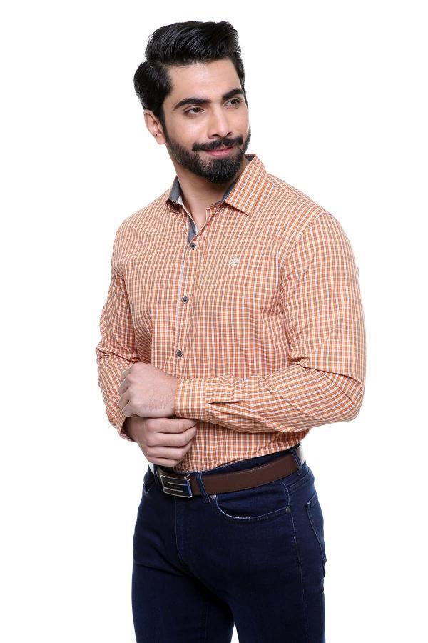 Orange check slim-fit long-sleeve button-up shirt, close-up of collar and chest
