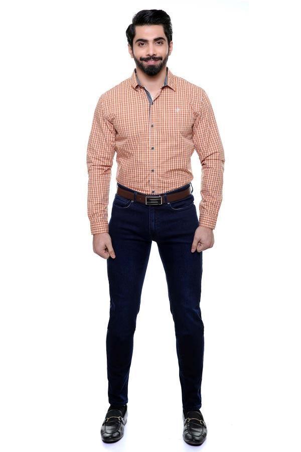 Slim-fit casual long-sleeve shirt in orange check, button-up with regular collar