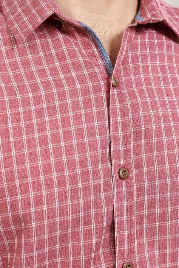 Reddish red check shirt with buttoned front placket and spread collar