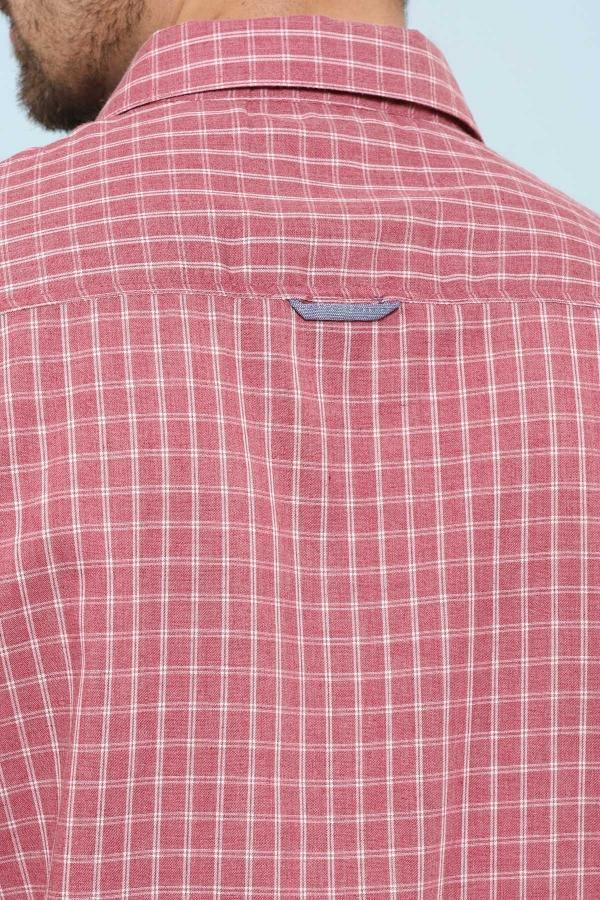 Reddish red check full-sleeve shirt back yoke and stitched collar detail