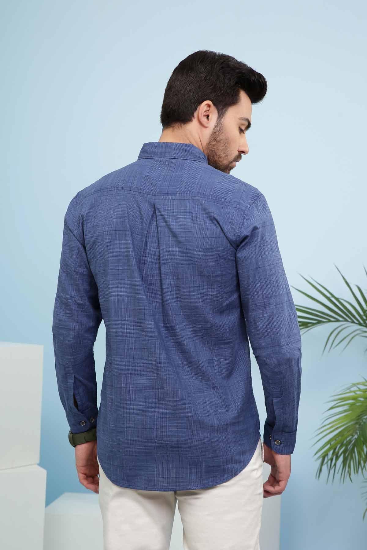 Royal blue slim-fit casual full-sleeve shirt, back view with yoke seam