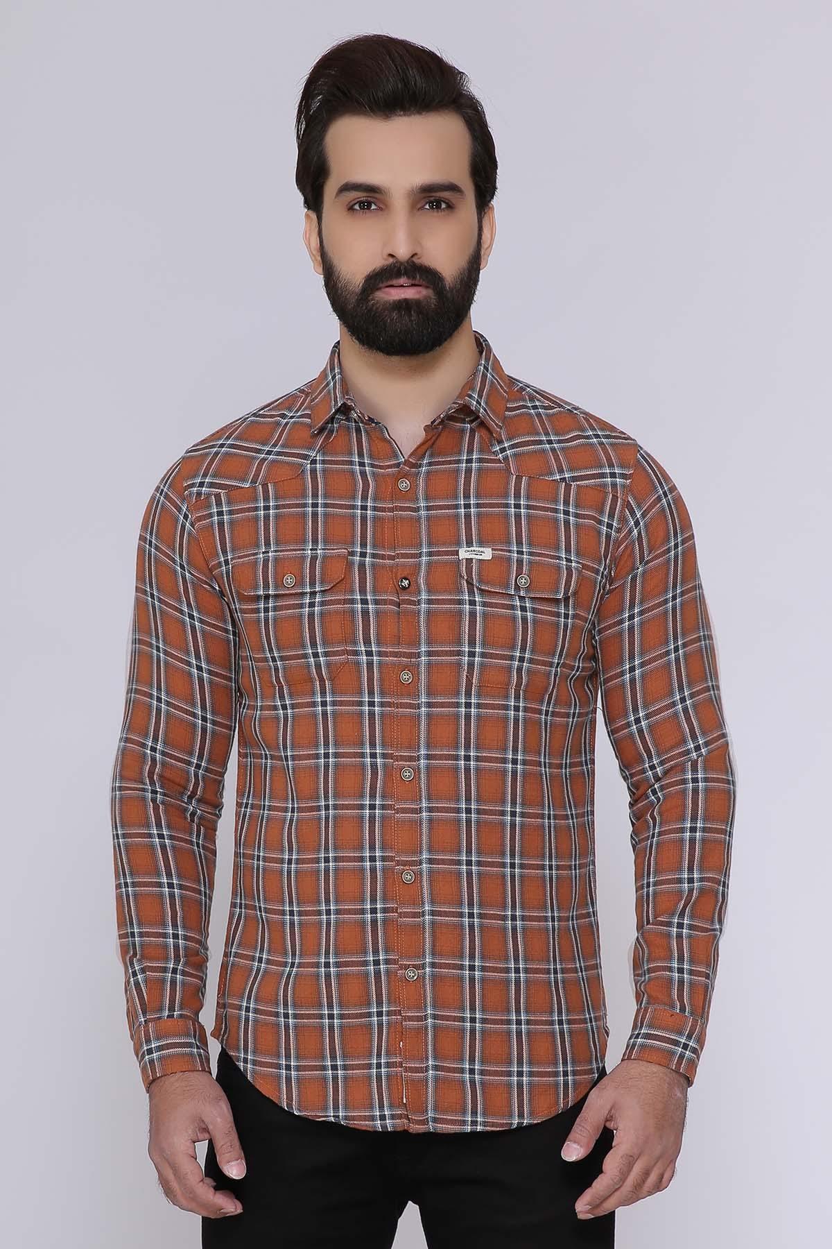 CASUAL SHIRT FULL SLEEVE SLIM FIT RUST CHECK at Charcoal Clothing
