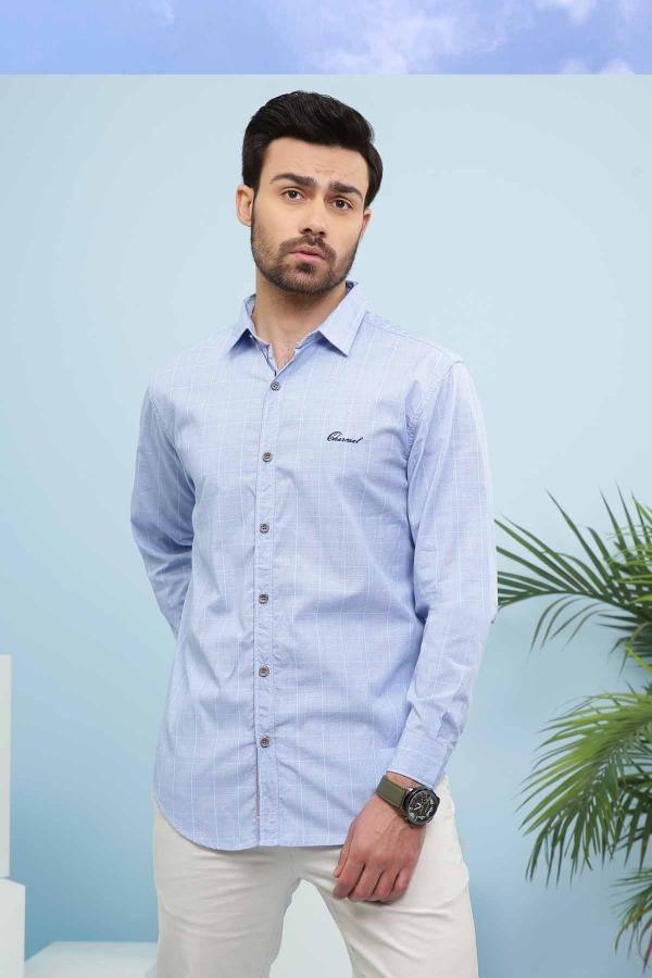 Men's slim-fit light blue button-down casual shirt with long sleeves and collar