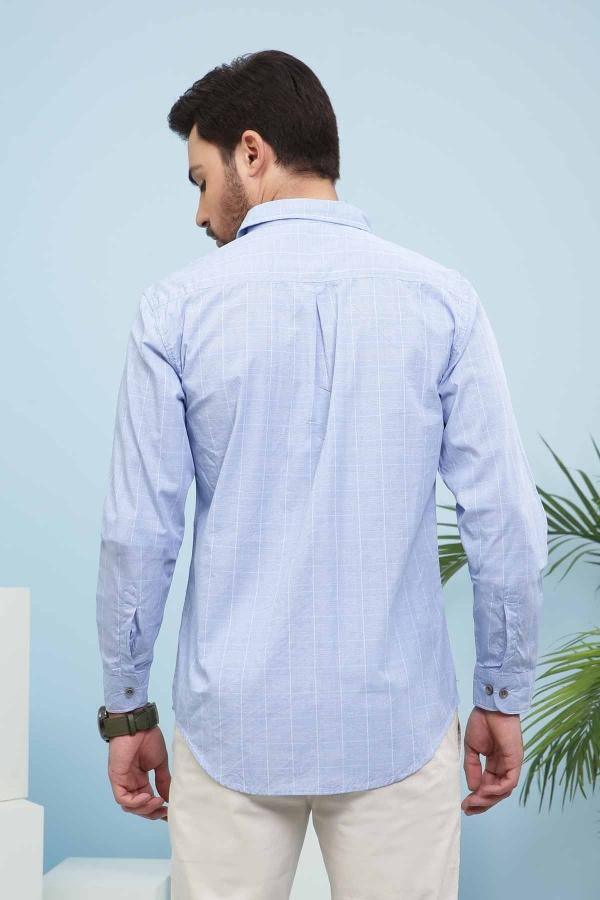 Men's slim-fit light blue button-down shirt, back view with long sleeves