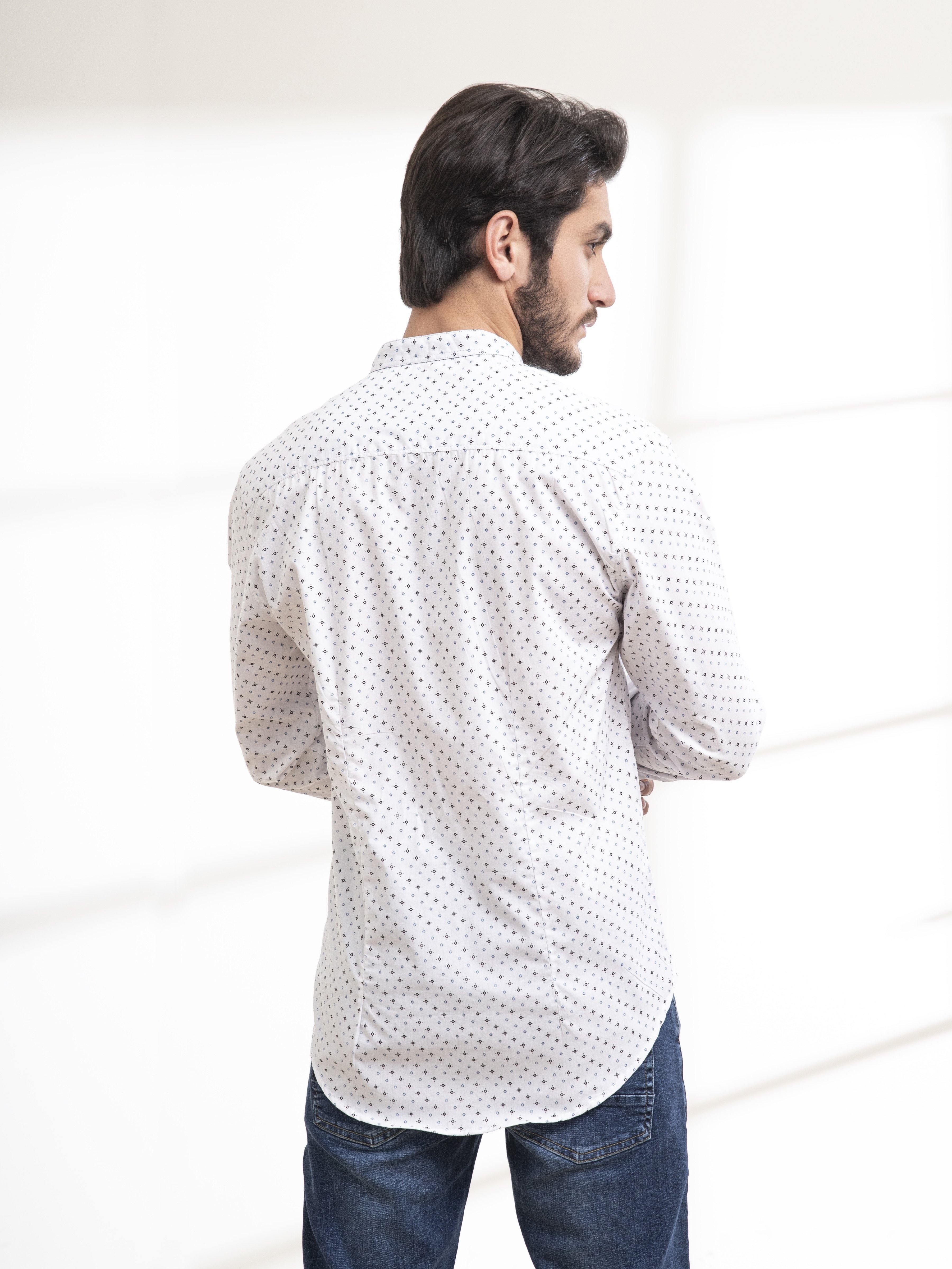 White long-sleeve casual shirt with small dot pattern, back view