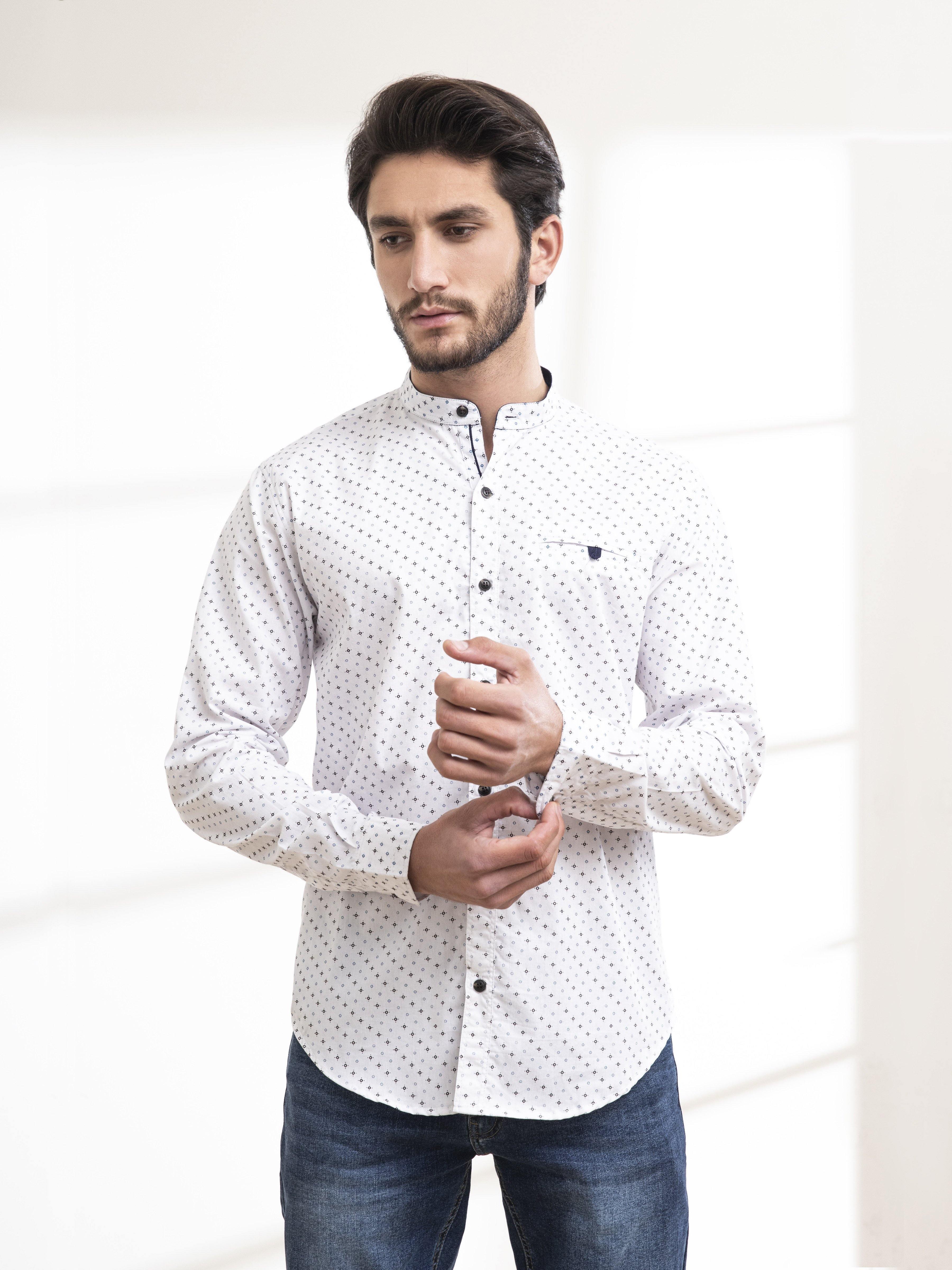 White long-sleeve casual button shirt with small dot pattern, chest pocket