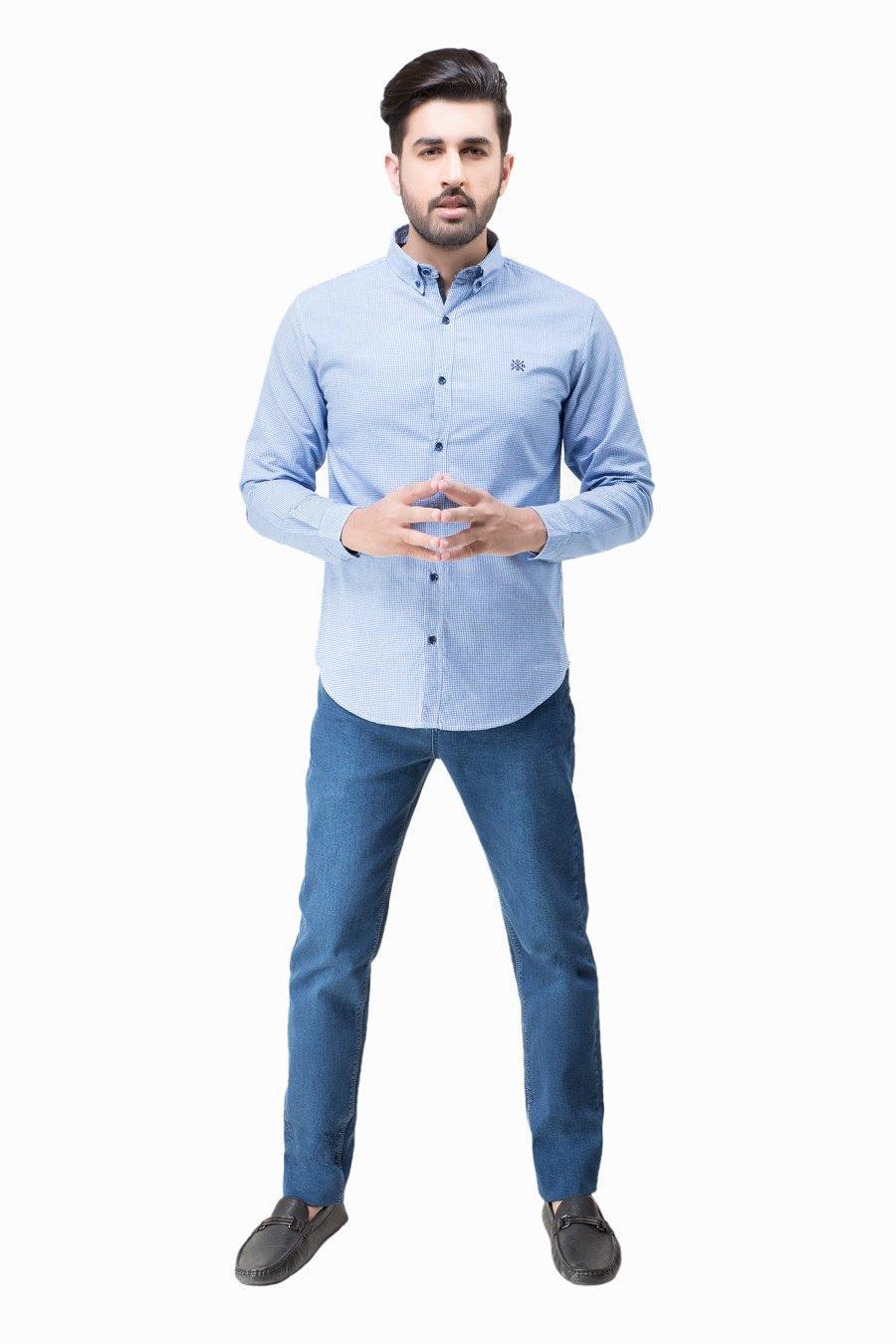 Blue check button-up casual shirt with long sleeves, front view, button placket