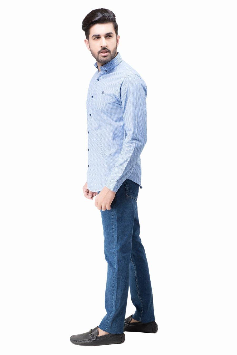 Light blue check casual full-sleeve button shirt, side view, stand collar