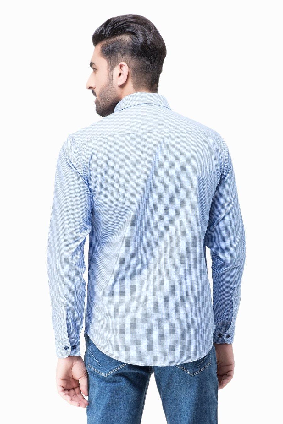 Blue check casual shirt with long sleeves, back view, button placket