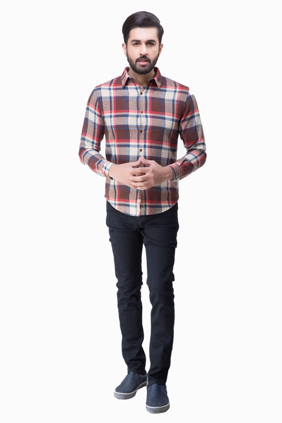Brown plaid long-sleeve casual shirt, button-up front