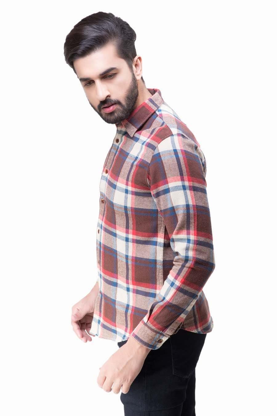 Brown plaid long-sleeve casual shirt, side view