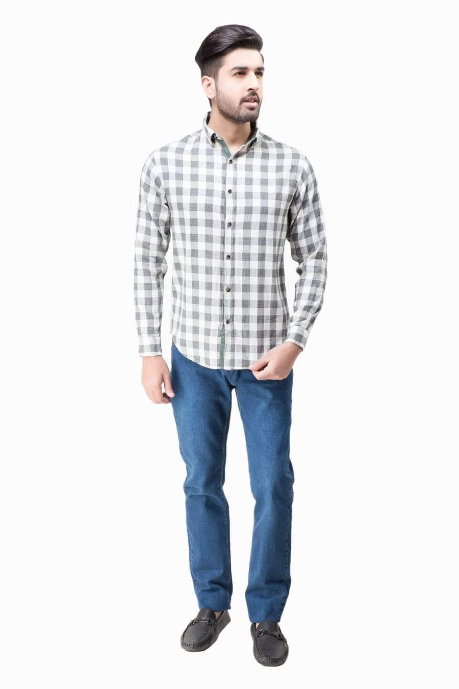 CASUAL SHIRT FULL SLEEVES GREEN WHITE CHECK WINTER at Charcoal Clothing