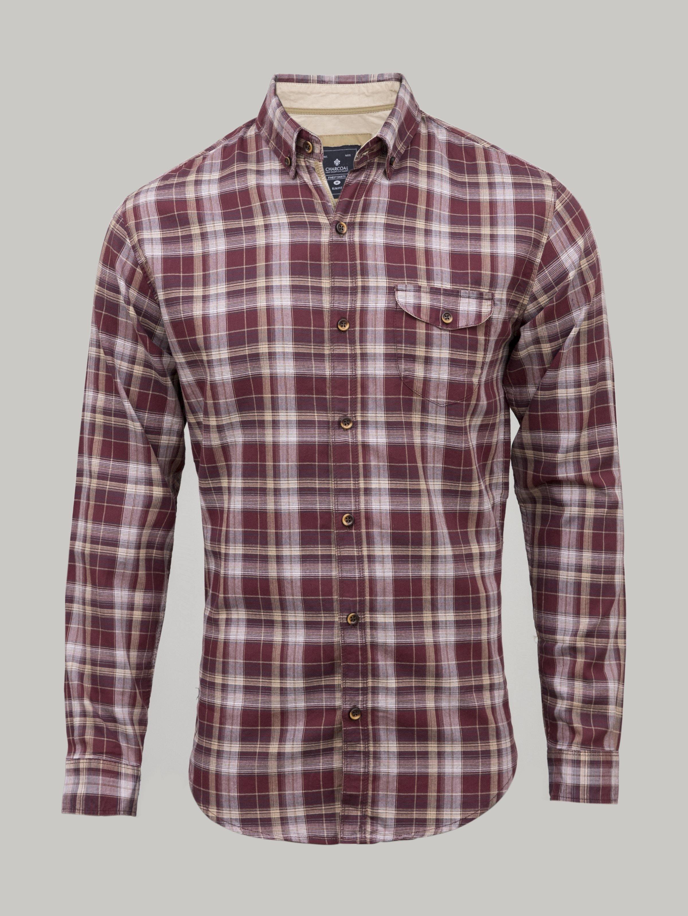 Maroon plaid casual button-up shirt with long sleeves and chest flap pocket