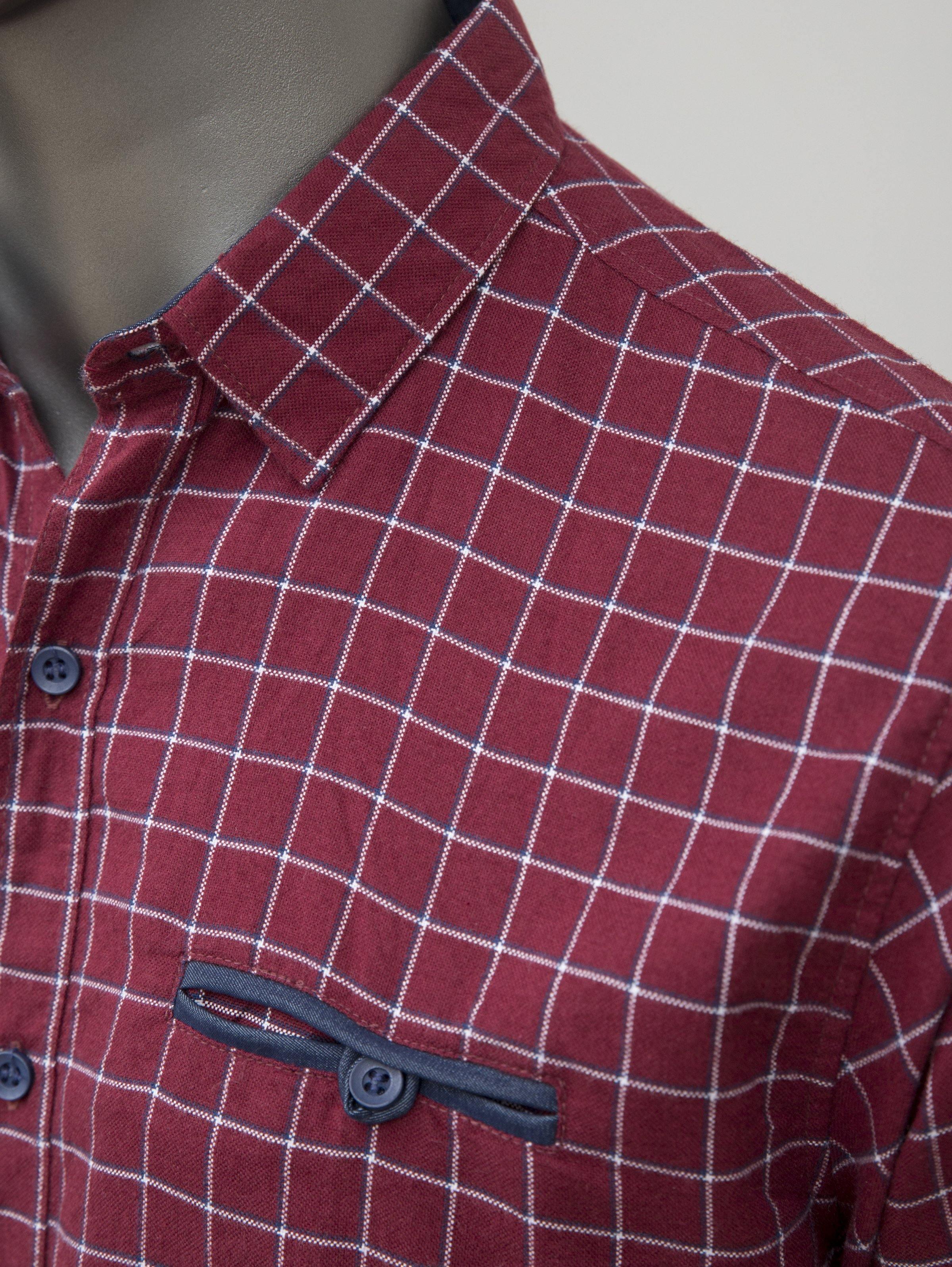 Maroon check long-sleeve shirt with collar and chest pocket on button placket