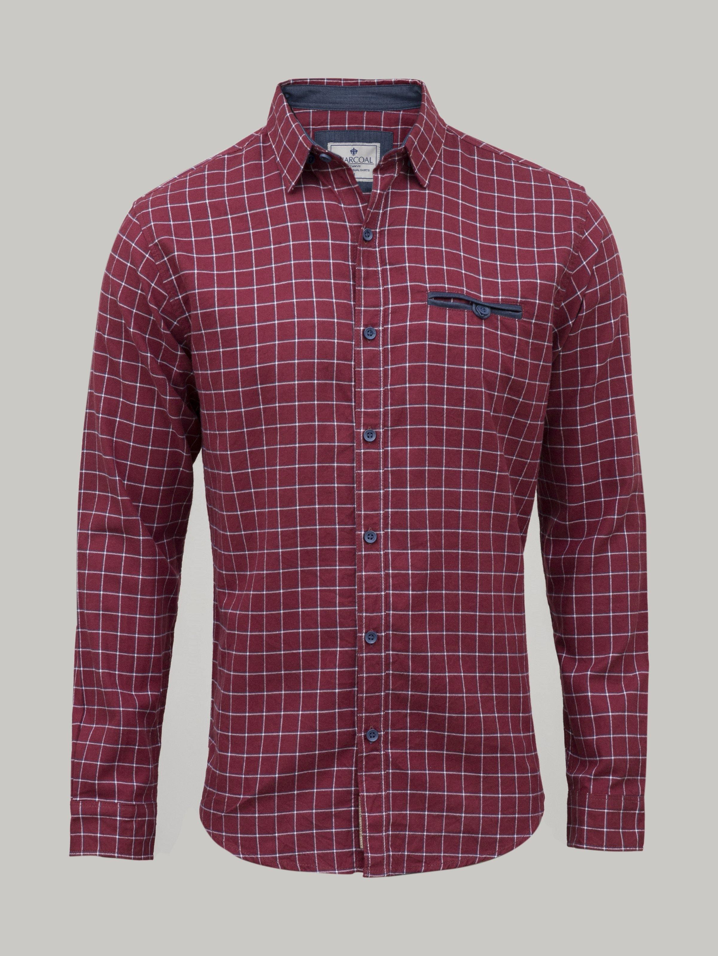 Maroon check long-sleeve casual shirt with button-front and chest pocket