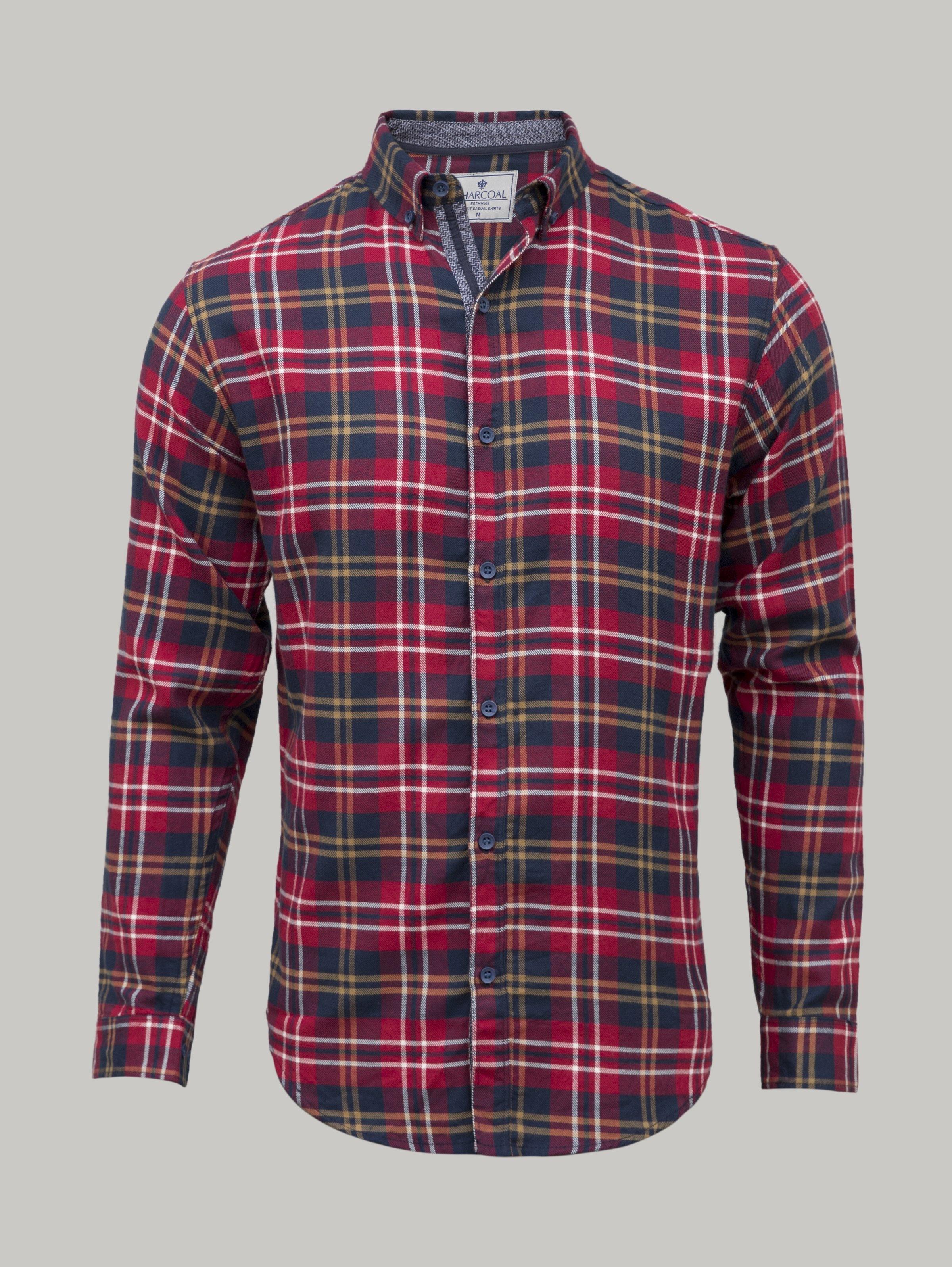 Men's plaid full-sleeve casual shirt, button-front, spread collar, red/navy check