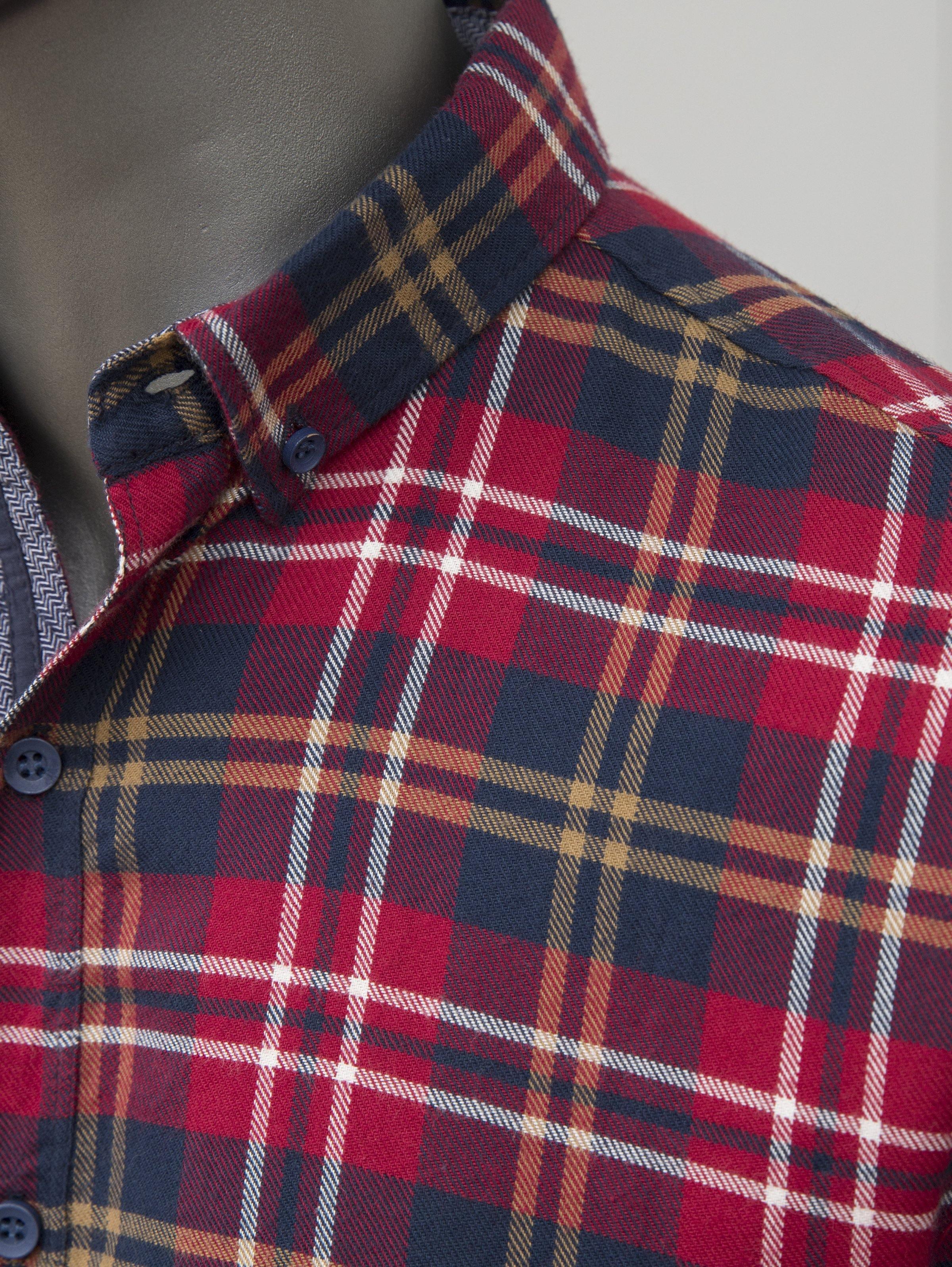 Plaid shirt collar with button detail, red navy and tan multi-check